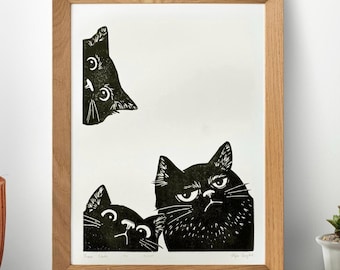 Three Cats looking at you, love cats, art linocut print, Handmade Linocut unique linoprint, Original Hand Carved, signed gift for Easter