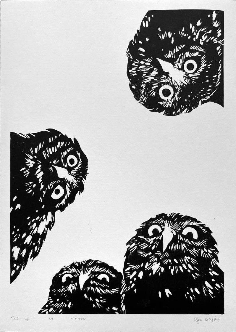 Owls, hugs, love owls, cozy couple, art lino print, Handmade Linocut unique Print, Original Hand Car
