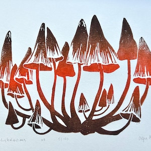 Impression linogravure Les champignons, forêt d'automne, cadeau d'art d'Halloween nature, impression en bois faite main en bois, original sculpté à la main, a4, édition signée