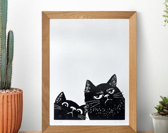 Two curious Cats looking at you, love cats, art linocut print, Handmade Linocut unique linoprint, Original Hand Carved, signed Easter gift