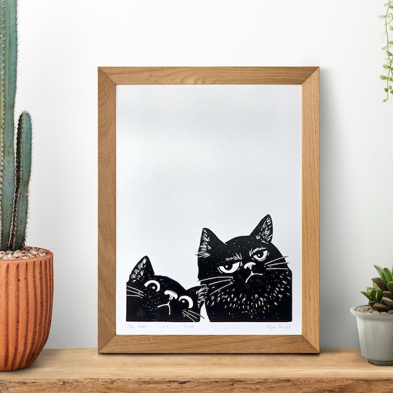 版画猫(白黒) Toshimi Takuma neko 1 木版画 直筆サイン入 猫 ネコ