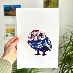 Cute Owl, love owls, wild bird, Handmade Linocut Print, Original Hand Carved, present, a4, signed edition, unique art Lino print