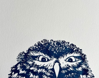 Tricky Owl linocut print, art wall decor for home and inspiration, Handmade carved original gift, a4, signed edition