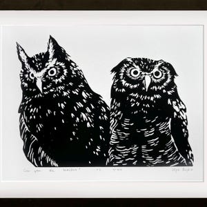Owls, hugs, love owls, cozy couple, art lino print, Handmade Linocut unique Print, Original Hand Carved, gift, signed gift for Christmas