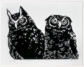 Owls, hugs, love owls, cozy couple, art lino print, Handmade Linocut unique Print, Original Hand Carved, gift, signed gift for Christmas