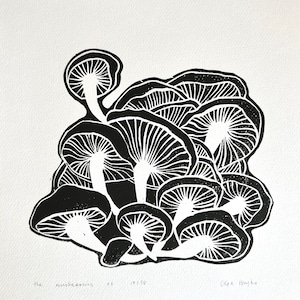 Impression lino champignons, forêt, nature, linogravure faite main, cadeau de Pâques original sculpté à la main, a4, édition signée Black Friday