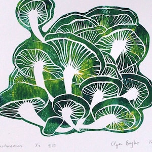 Impression d'art champignons, forêt, nature, impression linogravure faite main, sculpture originale à la main, cadeau original, a4, édition signée, frais de port gratuits en Pologne