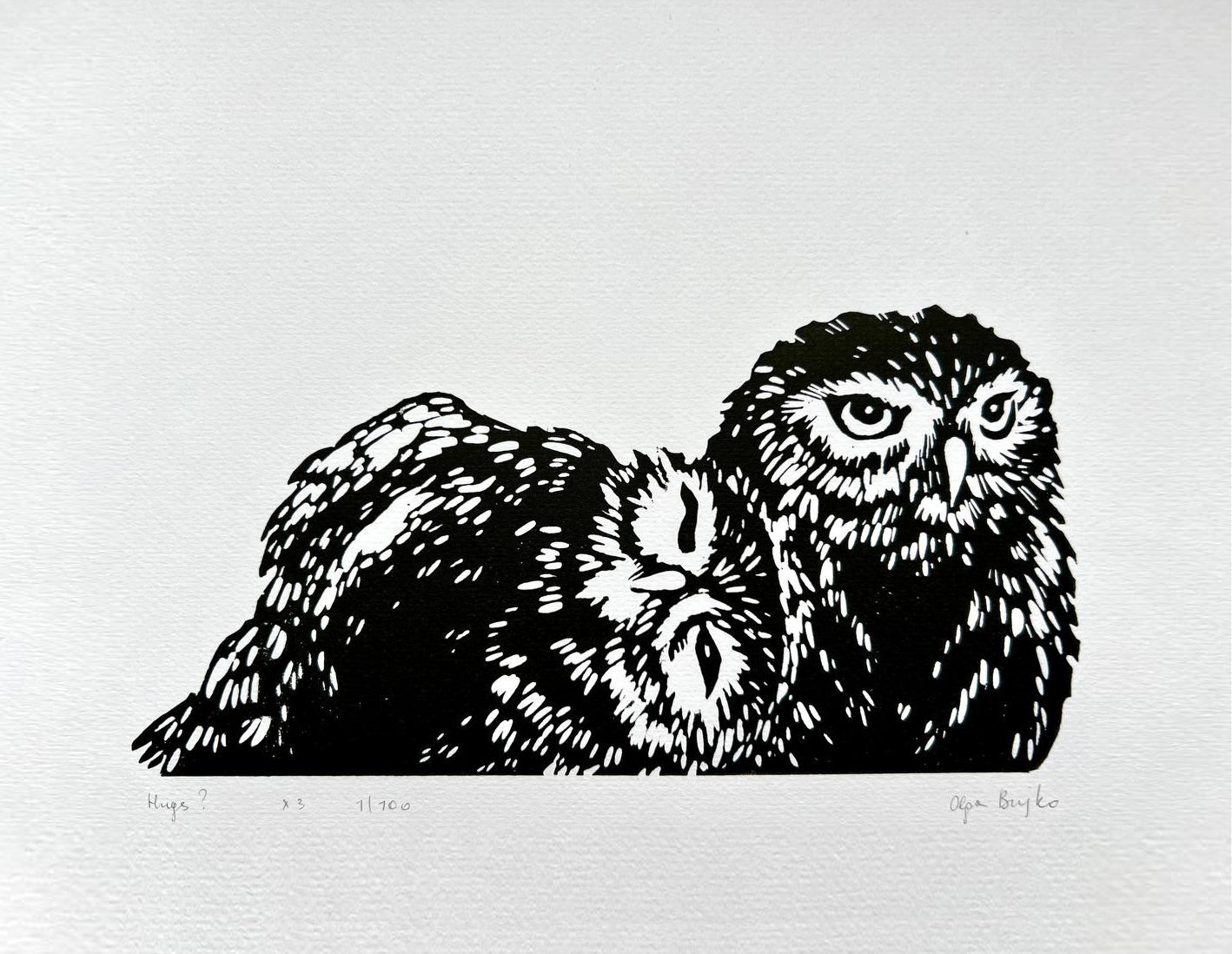 linocut owls print, love couple hugs, Handmade Linocut  Original Hand Carved, easter gift, a4, signe