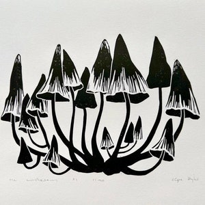 Pilze Linoldruck, Herbst Wald, Halloween Kunst Geschenk Natur, Handgefertigter Linoldruck, Original handgeschnitzt, a4, signierte Auflage
