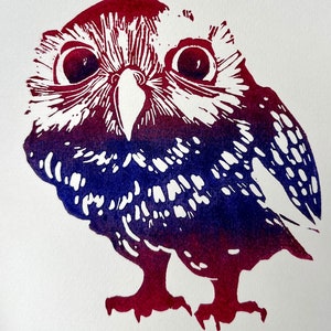 Linocut Print Cute Autumn gradient Owl, love owls, Cozy bird, art unique print, Handmade, new year gift, signed edition