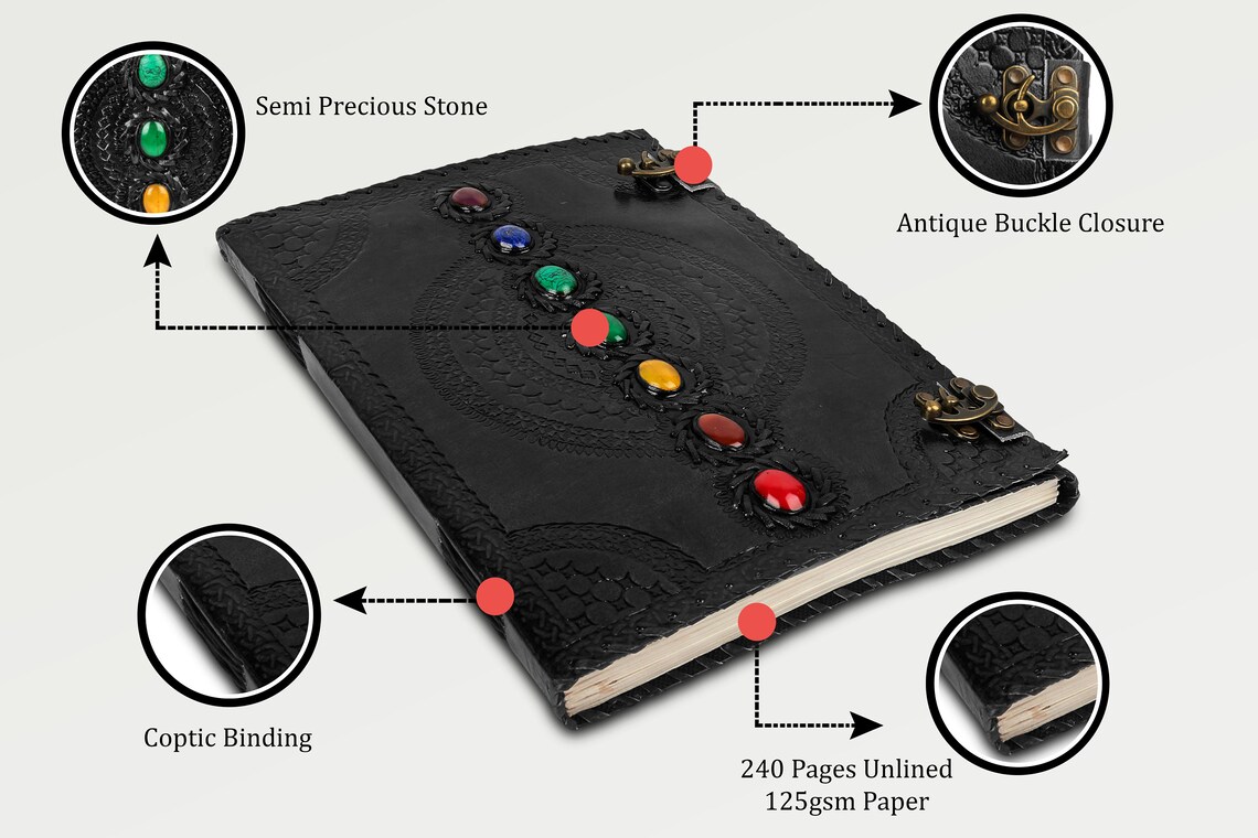 thumbnail image 2 of Handbound Large Leather Grimoire – Seven Stone Spell Book, 13x10", UK Made 2 of 5