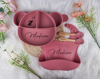 Personalized Silicone Baby Weaning Set,Engraved Silicone Bib for Baby Kids,Feeding Set with Name,Baby Plate,Baby Shower Gift,Eco-Friendly