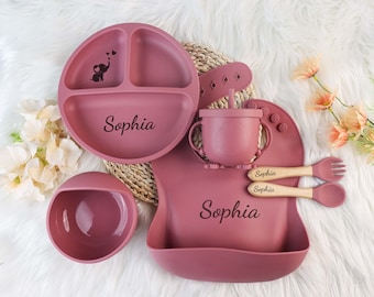 Set de sevrage personnalisé en silicone, Set de sevrage dessin animé pour tout-petits, Set de nourriture avec nom, Respectueux de l'environnement, Assiette pour bébé, Cadeau de baby shower