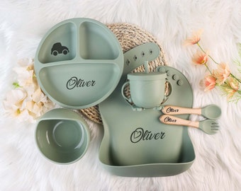 Set per lo svezzamento in silicone personalizzato,Set per lo svezzamento dei cartoni animati per bambini piccoli,Set per l'alimentazione con nome,Eco-Friendly,Piatto per neonati,Regalo per baby shower