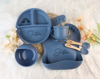 Set per lo svezzamento in silicone personalizzato,Set per lo svezzamento dei cartoni animati per bambini piccoli,Set per l'alimentazione con nome,Eco-Friendly,Piatto per neonati,Regalo per baby shower