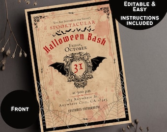 Bash d'Halloween, fête d'Halloween vintage, invitations modifiables d'Halloween, Halloween fantasmagorique, téléchargement numérique, Invitation chauve-souris d'Halloween