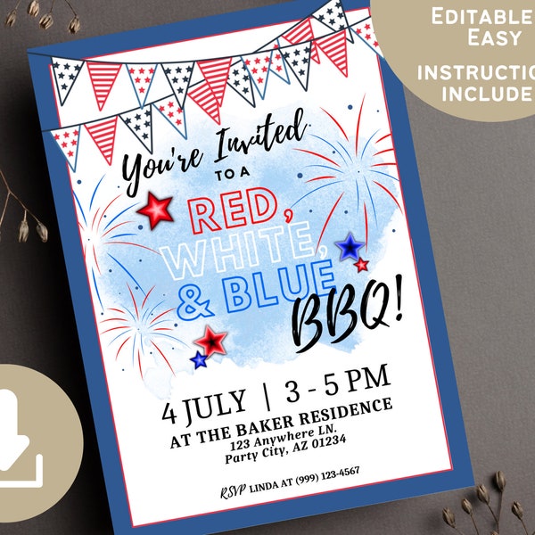 4th of July Digital Invitation, 4th of July BBQ, Independence Day Customizable Invite, Editable 4th of July Invites, Red, White, & Blue BBQ