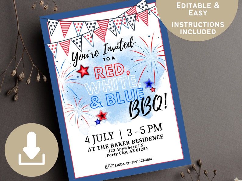 Peut inclure: Mod&egrave;le d'invitation &eacute;ditable pour un barbecue du 4 juillet avec des feux d'artifice et des banderoles rouges, blancs et bleus. Le texte indique "Vous &ecirc;tes invit&eacute;s &agrave; un barbecue rouge, blanc et bleu !" avec la date et l'heure "4 juillet | 15h00-17h00" et l'adresse "Au Baker Residence 123 Anywhere Ln. Party City, AZ 01234". Les informations RSVP sont incluses en bas.