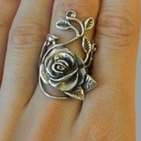 Rose 925 Sterling Silver Signet Ring, Oxidized Flower Ring, 925 Silver Rose Jewelry, Unique Nature Ring, Art Nouveau,