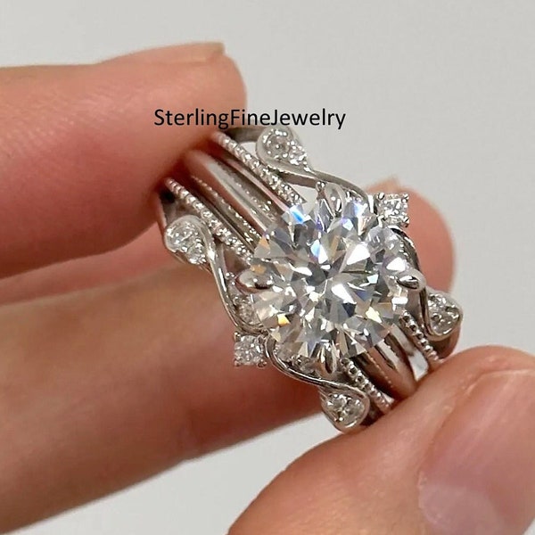 Wedding Bridal Ring Set, 925 Sterling Silver Ring Set, Matching Enhancer Warp Band, 2.00 CT Round Cut Moissanite Diamond Engagement Ring Set