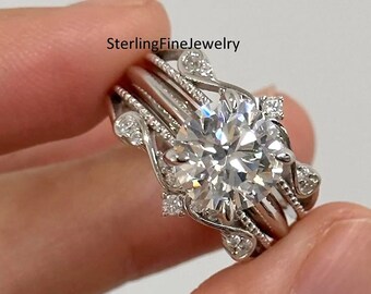 Conjunto de anillos nupciales de boda, conjunto de anillos de plata de ley 925, banda de deformación potenciadora a juego, conjunto de anillos de compromiso de diamantes moissanita de talla redonda de 2,00 quilates