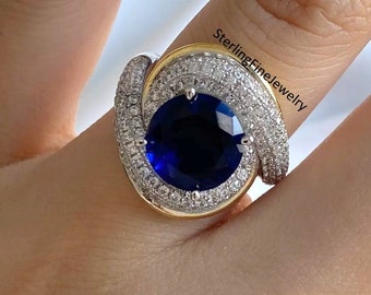 9 MM Round Cut Blue Sapphire Wedding Ring, Gemstone Solitaire Engagement Ring In 14K Gold Two Tone, Looks Beautiful Bypass Style Modern Ring