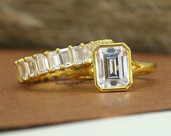 2.50CT Emerald Cut Moissanite Diamond Ring, 14K Gold Wedding Ring Set, Bezel Set Ring, Split Shank Ring, Full Eternity Baguette Diamond Band