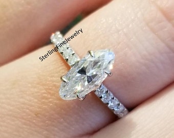 14K White Gold Cathedral Shank Ring, Prong Set 12X6MM Moval Cut Moissanite Diamond Bridal Ring, Solitaire met accenten Ring, Moissanite Ring