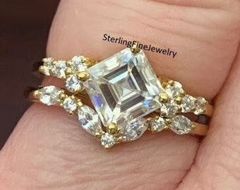 Classic 8 MM Asscher Cut Colorless Moissanite Ring, 18K Yellow Gold Ring Set, Matching Curved Diamond Band, Perfect Wedding Bridal Ring Set