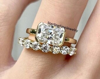 Conjunto de anillos nupciales de estilo este a oeste de oro de 14 quilates, anillo de bodas de diamantes moissanita de corte radiante de medio bisel de 1,75 CT, banda redonda de siete diamantes, regalo