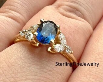 Classic 8X6MM Oval Cut Blue Sapphire Gemstone Simulated Diamond Ring, 18K Yellow Gold Ring, Side Marquise & Round Cut Colorless Diamond Ring