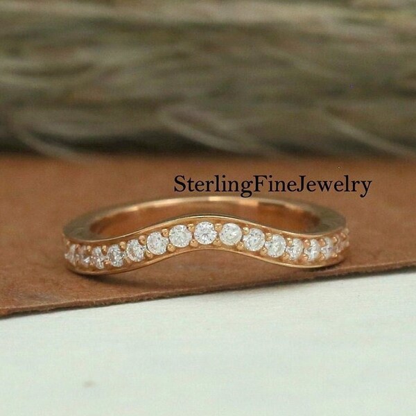 18K Rose Gold Chevron Half Eternity Band, 1.50MM Round Cut Moissanite Diamond Curved Band, Daily Wear Women's Band, Anniversary Gift For Her