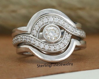 Trio Bridal Ring Set, Bezel Setting Ring, 4.50 MM Round Cut Moissanite Wedding Ring, Ring Matching Plain Band, Solid 14K White Gold Ring Set
