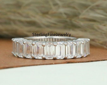 5X3 MM Emerald Cut Band, Half Eternity Wedding Band, Emerald Lab Grown Diamond Bridal Band, Prong Set Stackable Band In Solid 10K White Gold