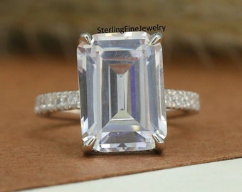 Stunning 14X10 MM Emerald Cut Moissanite Anniversary Ring For Women, Classic 4-Claw Prong With Hidden Halo Ring, Pave Set Ring, Bridal Ring