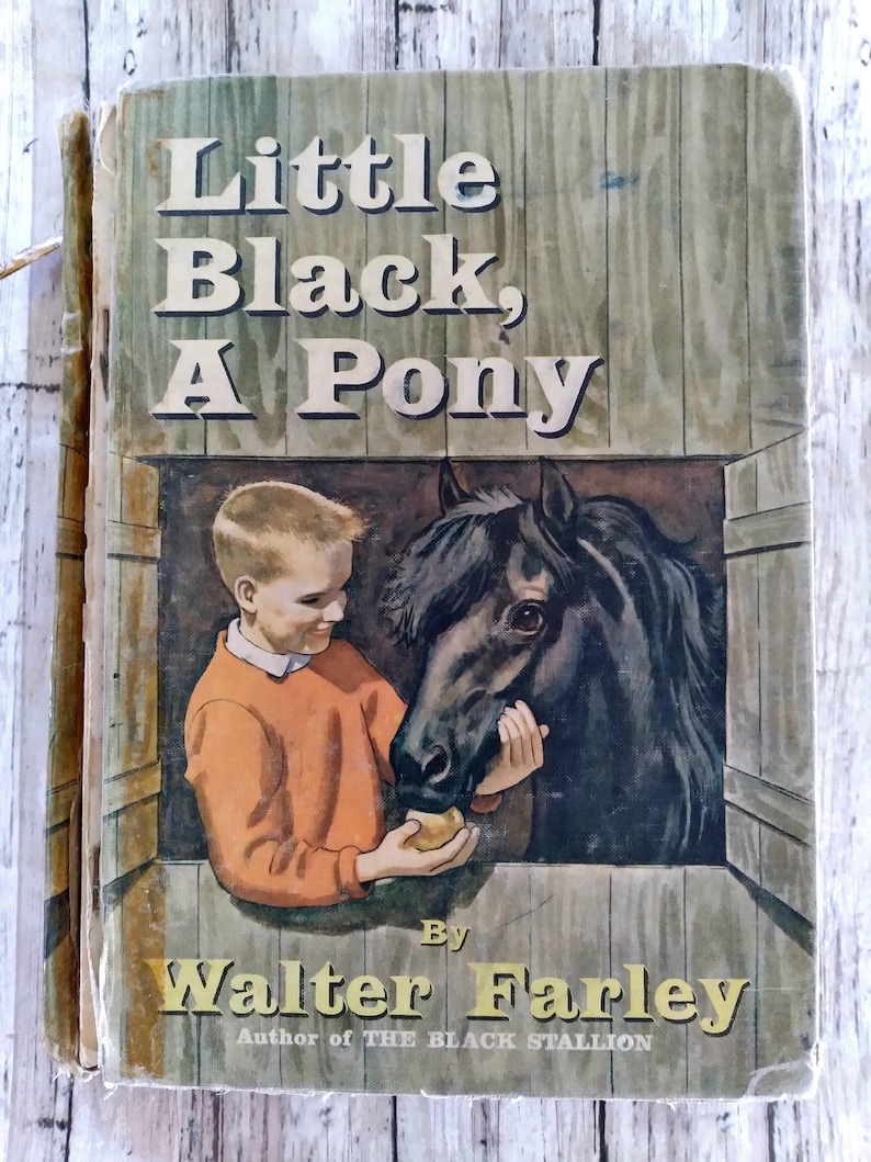 Pu&ograve; includere: Copertina di libro vintage per "Little Black, A Pony" di Walter Farley. La copertina presenta un ragazzo con un maglione arancione che nutre un pony nero. Il titolo &egrave; in grandi lettere bianche. Il libro ha un aspetto usurato.