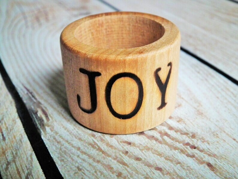 Joy wood napkin rings rustic wedding decor minimalist wood home decor woodburned serviette holders hostess gift made to order