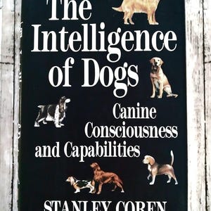 May include: A book titled "The Intelligence of Dogs" by Stanley Coren. The black cover features illustrations of various dog breeds and the text "Canine Consciousness and Capabilities" in white. The book is set against a light wood-grain background.