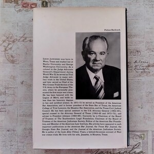 May include: The back cover of a book featuring a black and white portrait of Leon Jaworski by Fabian Bachrach. The text provides a biographical summary of Jaworski's legal career, education, military service, and his book After Fifteen Years.