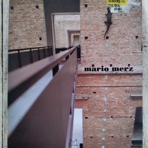 Puede incluir: Portada de libro con un edificio de ladrillo y un lagarto oscuro trepando por la pared. El texto "mario merz" está en la parte inferior. Una pegatina con el texto "Rare Books" está en la parte superior.