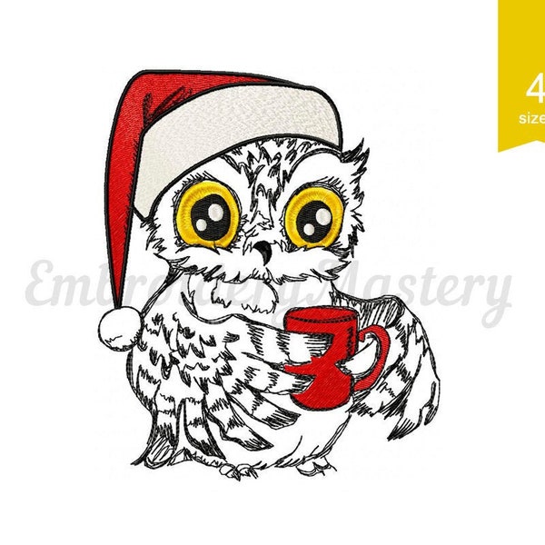 Machine embroidery Christmas designs owl with a coffee cup. digitized embroidery. Cozy Christmas pattern. 4 sizes. Instant download