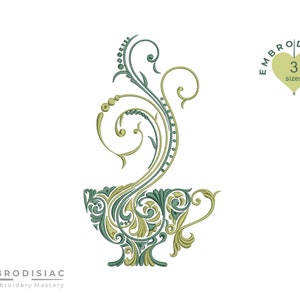 Kitchen machine embroidery designs. Tea time pattern. Ornate Tea cup digitized embroidery. 3 sizes. Instant download