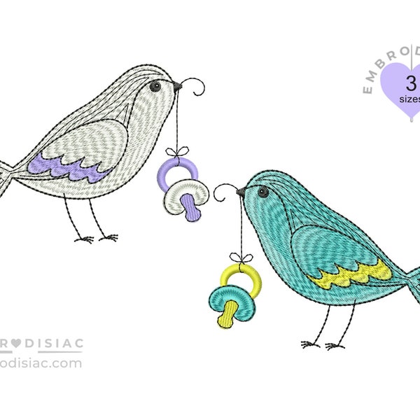 Bird with Pacifier embroidery designs. Machine embroidery pattern. Mini embroidery file for 4x4 hoop. Baby shower design. 3 sizes.