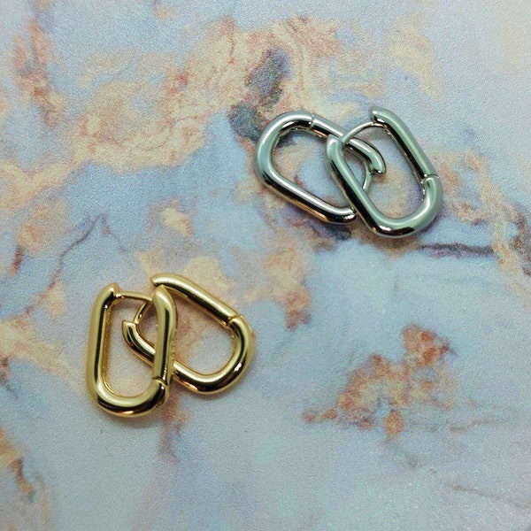 Rectangular Huggie Hoop Earrings, Silver/Gold Plated, Geometric, Dainty, Minimalist Jewelry, Gifts for Her