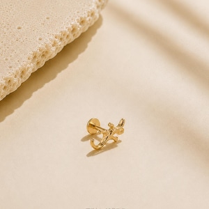 May include: A gold-toned metal stud earring shaped like a small lizard or gecko. The piece features a flat circular backing and a post, with the lizard figure extending outward. The design has a textured, organic finish and a polished gold appearance.