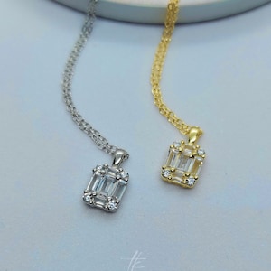 Dainty Baguette Square Necklace in Sterling Silver with CZ Stones, Gold Plated, Minimalist Jewelry, Gift for her