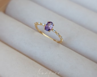 Oval Lila CZ Ring in Sterling Silber, vergoldet, Februar Geburtsstein, zierlicher, minimalistischer Schmuck