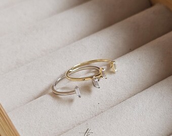 Offener Baguette CZ Ring in Sterling Silber, vergoldet, zierlich, jeden Tag, minimalistischer Schmuck