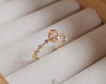 Ovaler Champagner CZ Ring in Sterling Silber, vergoldet, zierlicher, minimalistischer Schmuck
