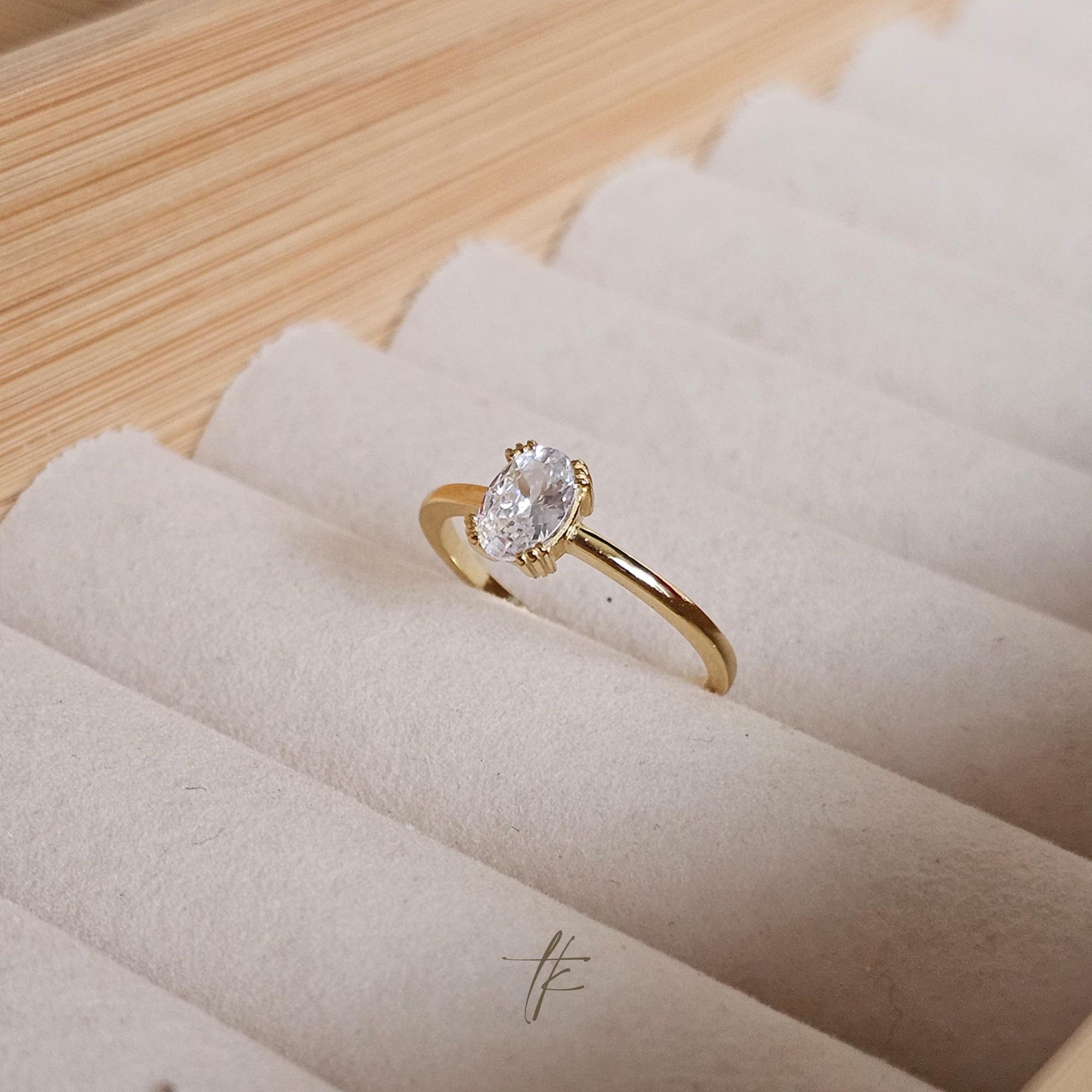 Ovaler Solitär CZ-Ring aus Sterlingsilber, vergoldet, zierlicher, alltäglicher, minimalistischer Schmuck